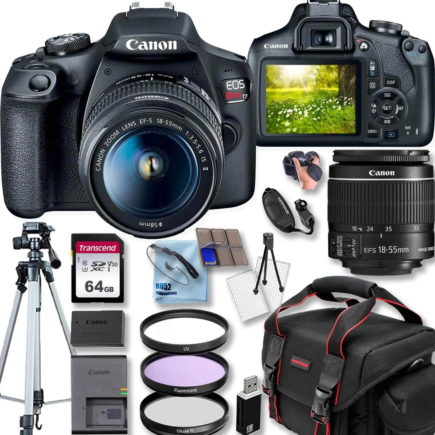 Canon EOS Rebel T7 DSLR Camera with EF-S 18-55MM F/3.5-5.6 is II Lens   50'' Tripod   Camera Shoulder Bag   Deluxe Accessory Bundle, Black (Renewed)