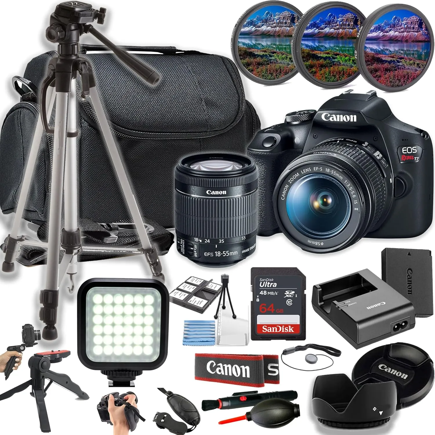 Canon EOS Rebel T7 / EOS 2000D 24MP DSLR Camera w/EF-S 18-55mm f/3.5-5.6 is II Lens   LED Light   64GB Memory   Filters   Case   Tripod   Grips   Hood, and More (24pc Bundle) (Renewed)