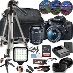 Canon EOS Rebel T7 / EOS 2000D 24MP DSLR Camera w/EF-S 18-55mm f/3.5-5.6 is II Lens   LED Light   64GB Memory   Filters   Case   Tripod   Grips   Hood, and More (24pc Bundle) (Renewed)
