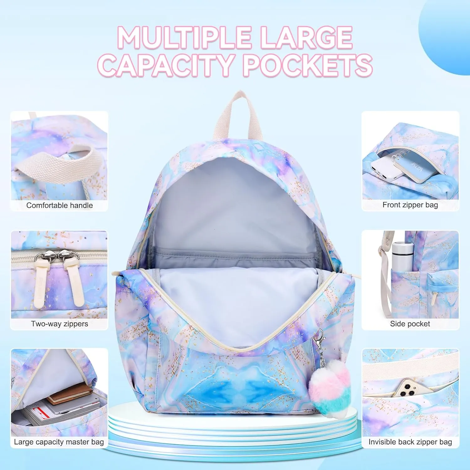 Caran·Y Kids Backpack Girls and Boys Classic School Backpack Light Weight Two Size Multi-pocket Suitable for ages 6  and above（Blue Purple）