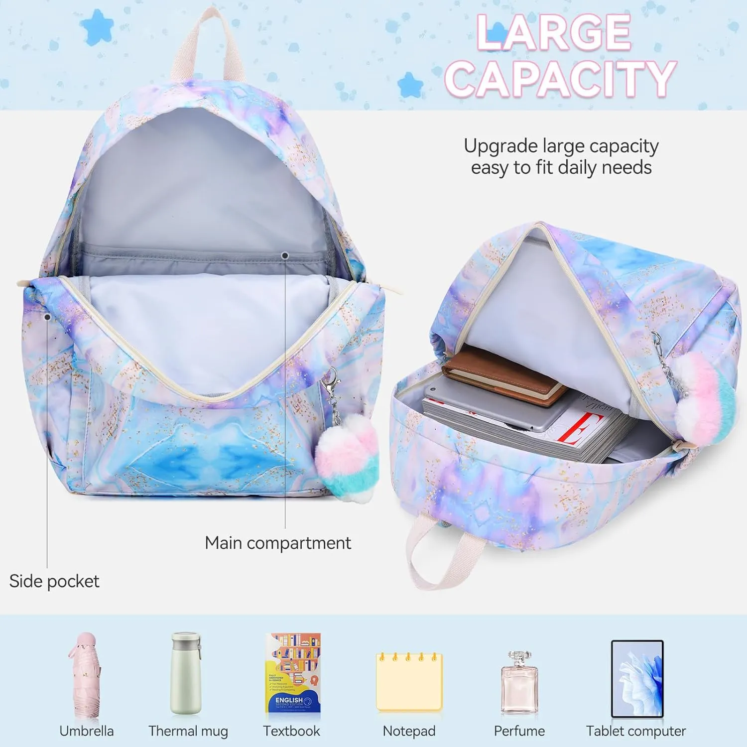 Caran·Y Kids Backpack Girls and Boys Classic School Backpack Light Weight Two Size Multi-pocket Suitable for ages 6  and above（Blue Purple）