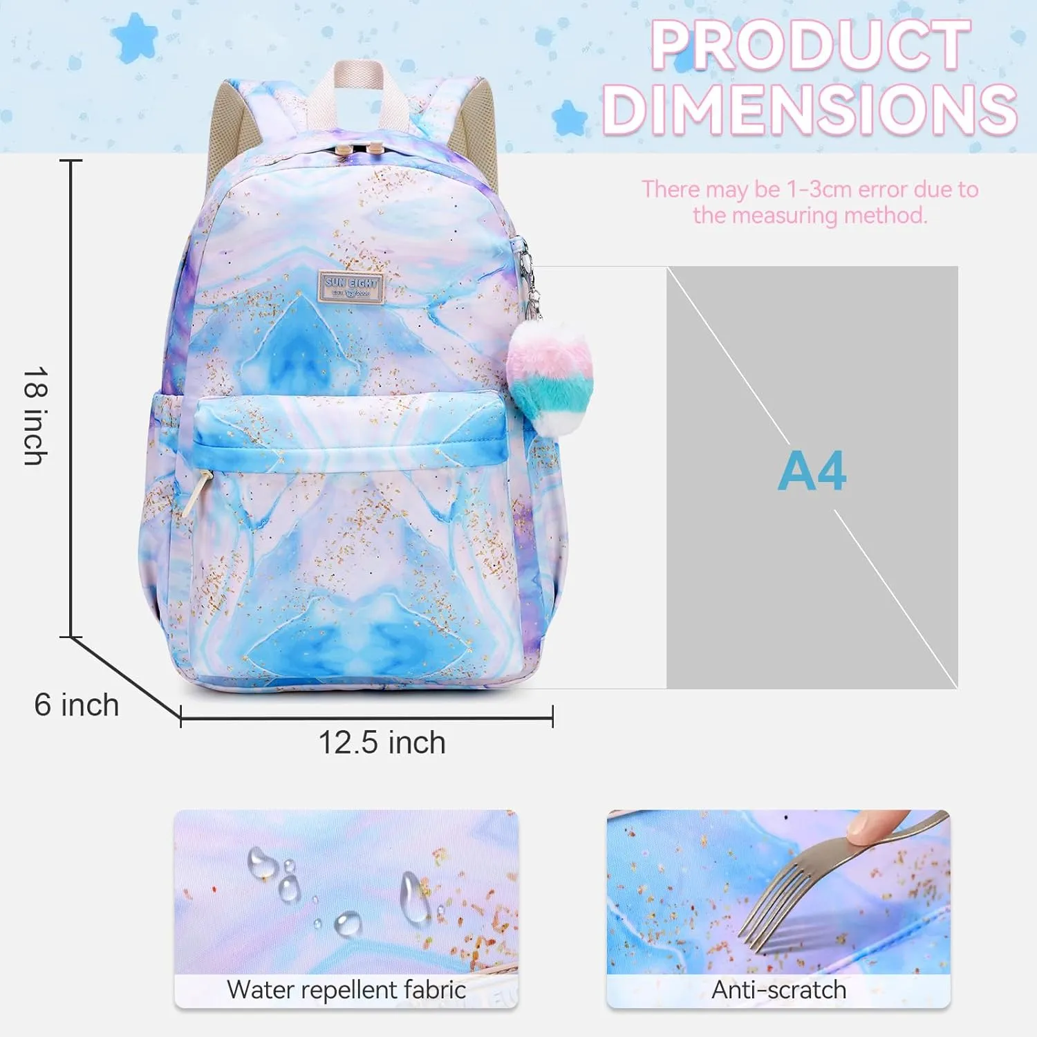 Caran·Y Kids Backpack Girls and Boys Classic School Backpack Light Weight Two Size Multi-pocket Suitable for ages 6  and above（Blue Purple）
