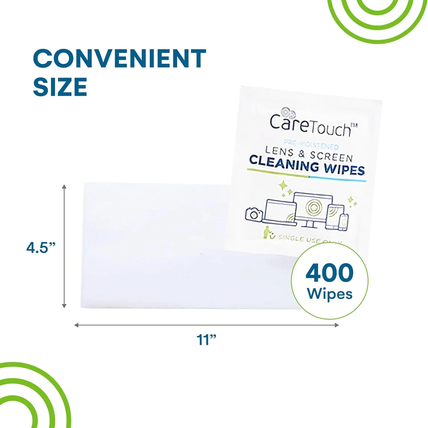 Care Touch Lens Wipes for Eyeglasses - 400 Count Individually Wrapped Pre-Moistened Wipes, 4.5x11-Inch - Sunglasses, Screens, and Glasses Cleaner - Gentle and Portable for Cleaning of Devices