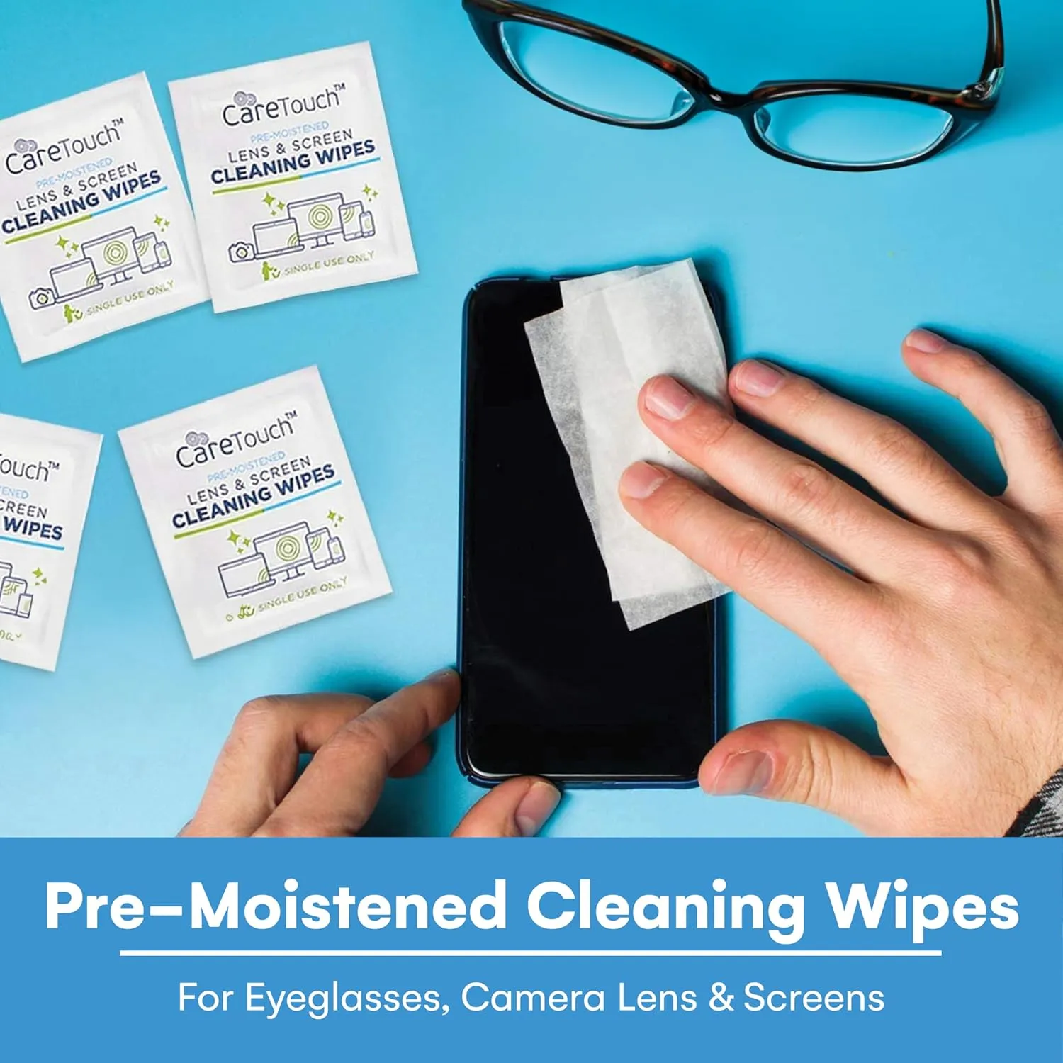 Care Touch Lens Wipes for Eyeglasses - 400 Count Individually Wrapped Pre-Moistened Wipes, 4.5x11-Inch - Sunglasses, Screens, and Glasses Cleaner - Gentle and Portable for Cleaning of Devices