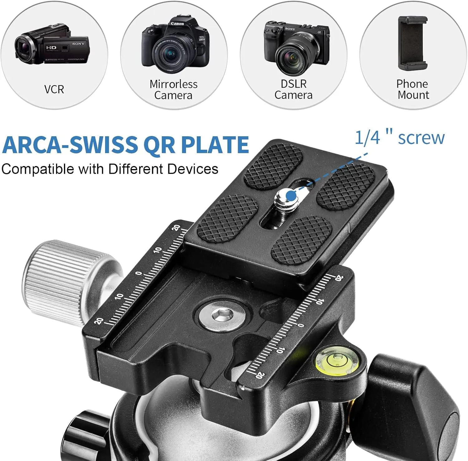 CAVIX Tripod Ball Head with 1/4" Arca Swiss Quick Release Plate Aluminium Tripod Ball Head Mount Large Ball