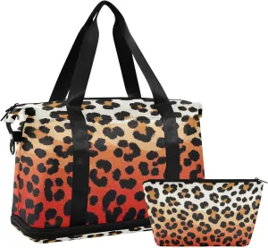 Cheetah Fur Skin Red Brown Gradient Travel Tote Gym Bag Carry On Personal Item Bag with Toiletry Bag for Gym 2 Pcs Set