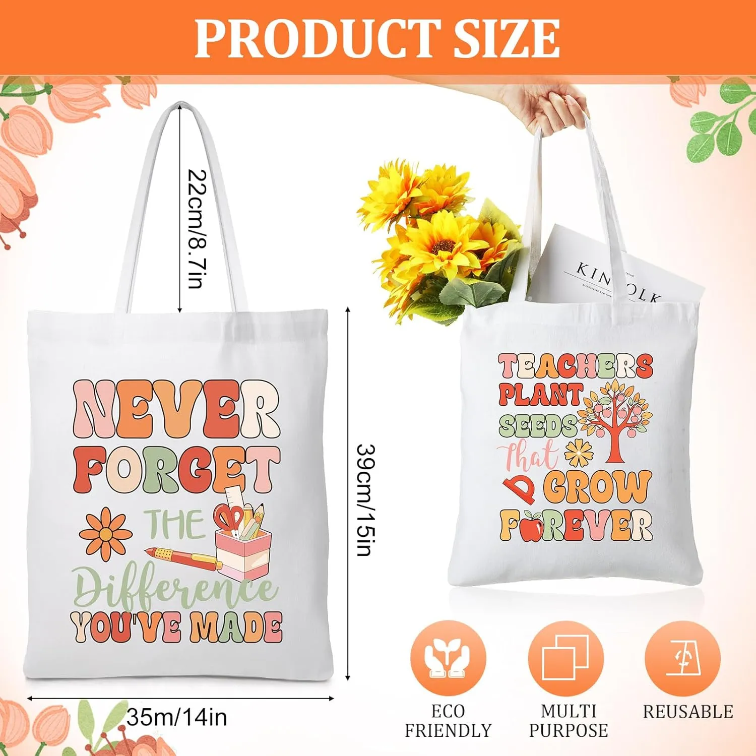 Chunful 10 Pack Teacher Tote Bags Teacher Appreciation Gifts Bulk Inspirational for Women Christmas Gift Rainbow Bags
