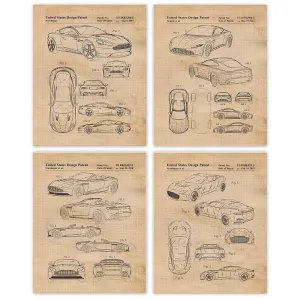 Classic British Car Patent Prints, 4 (8x10) Unframed Photos, Wall Art Decor Gift for Home Aston Martin Work Office Gears Garage Shop School College Student Teacher Coach F1 LeMans AMR Team Racing