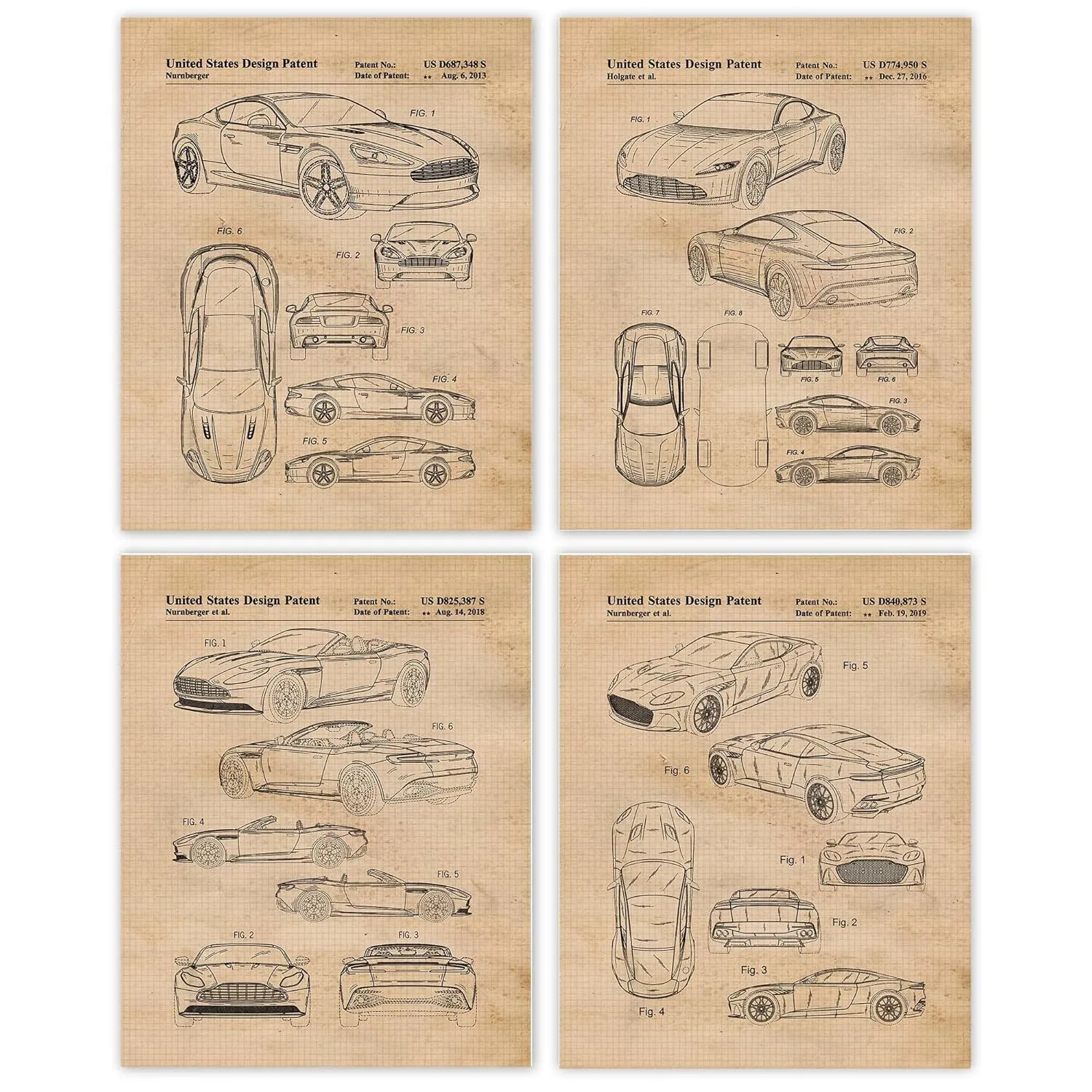 Classic British Car Patent Prints, 4 (8x10) Unframed Photos, Wall Art Decor Gift for Home Aston Martin Work Office Gears Garage Shop School College Student Teacher Coach F1 LeMans AMR Team Racing