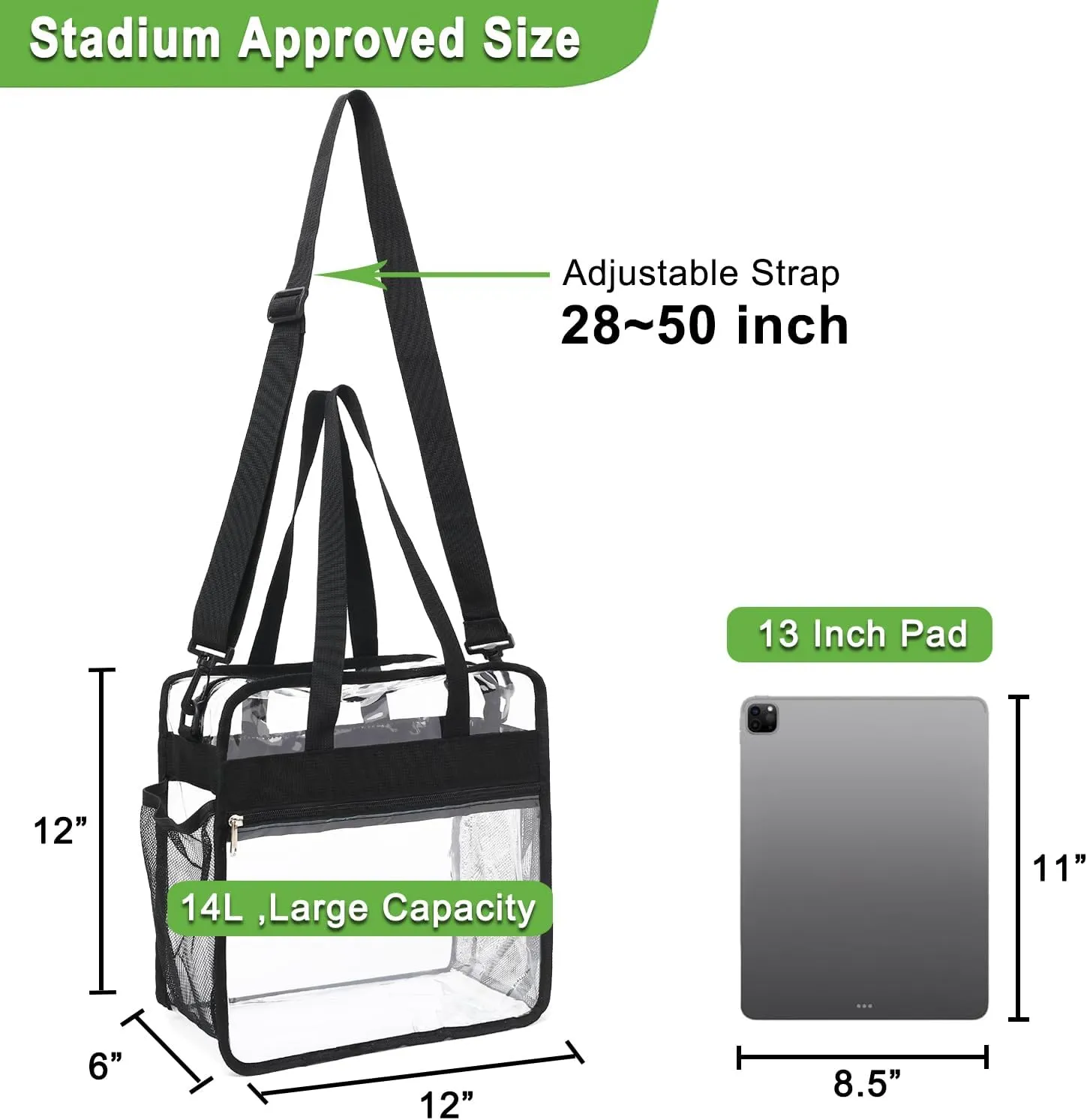 Clear Bag Stadium Approved, Clear Beach Lunch Bag Shoulder Tote Bag - Zipper Closure, Adjustable Strap, See-Through