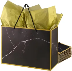Cmecial 10 Marble Extra Large Gift Bags with Tissue Papers, 16" Gold Black Gift Bags Large with Handles, Black Paper Groomsmen Paper Gift Bags Large Size, Large Gift Bags for Presents