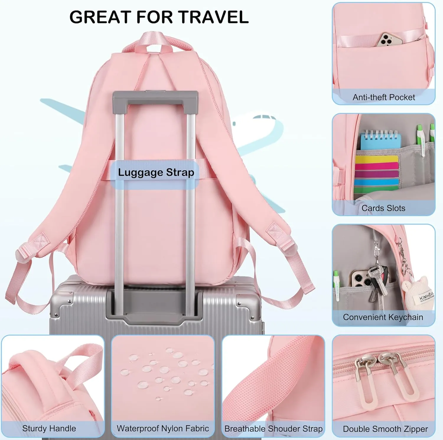 College Backpack Laptop Backpacks 15.6 Inch for Men Women Elementary Middle High School Book Bag For Teens Girls Boys Student Anti Theft Travel Daypack Large Bookbags-Pink