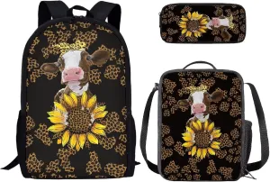 Coloranimal School Backpack Brown Leopard Cheetah Animal Schoolbags with Lunch Box Pencil Pen Holder Pouch for Girls Boys Cow Sunflower Print Children Bagpack