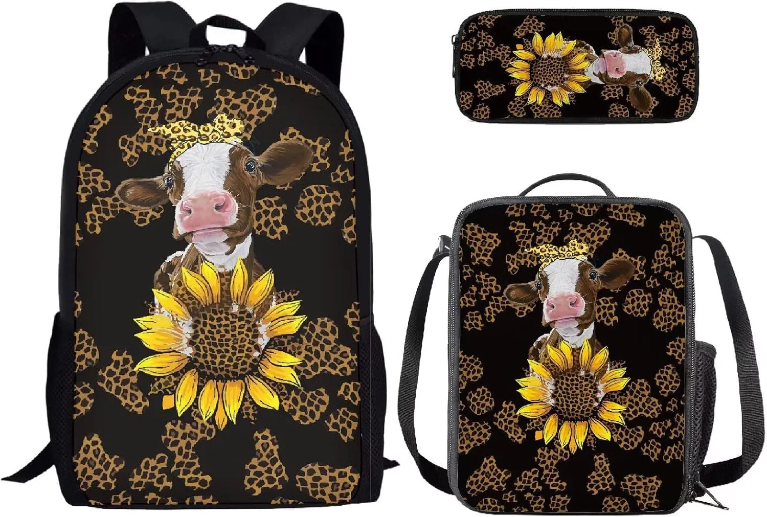 Coloranimal School Backpack Brown Leopard Cheetah Animal Schoolbags with Lunch Box Pencil Pen Holder Pouch for Girls Boys Cow Sunflower Print Children Bagpack