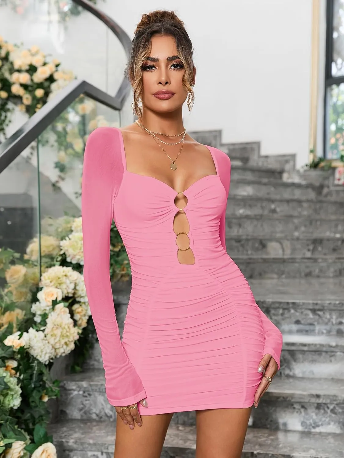 Colysmo Women's Sexy Hollow Out Long Sleeve Bodycon Mini Dress Ruched Mesh Short Dresses for Club Night Out