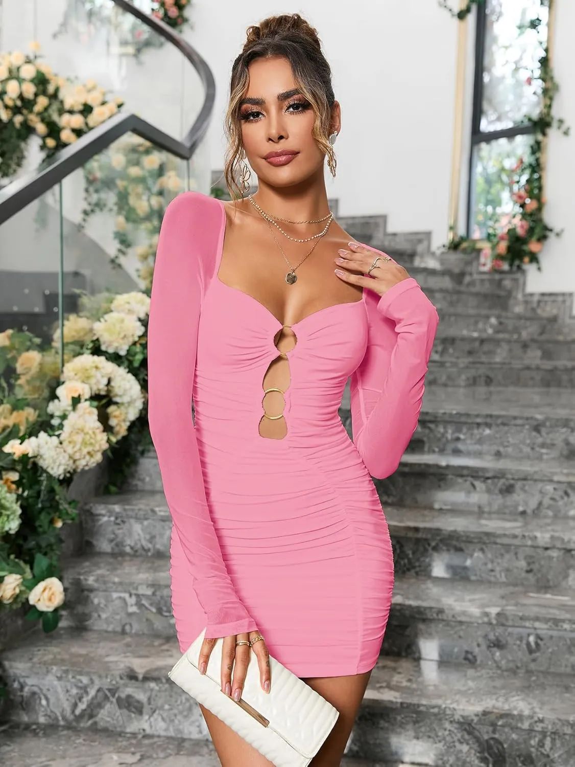 Colysmo Women's Sexy Hollow Out Long Sleeve Bodycon Mini Dress Ruched Mesh Short Dresses for Club Night Out