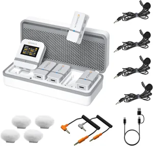 COMICA Vimo Q 4 Channel Wireless Lavalier Microphone System with Noise Cancellation, 4 Audio Tracks Output, 656ft Range, Wireless Mic for iPhone, DSLR Camera, Android, Video Recording(4Lav Mics)