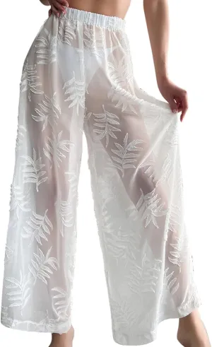 cooki Womens See Through Sheer Mesh Beach Pants Swimsuit Bikini Bottom Cover Up Party Club High Waist Wide Leg Chiffon Pants