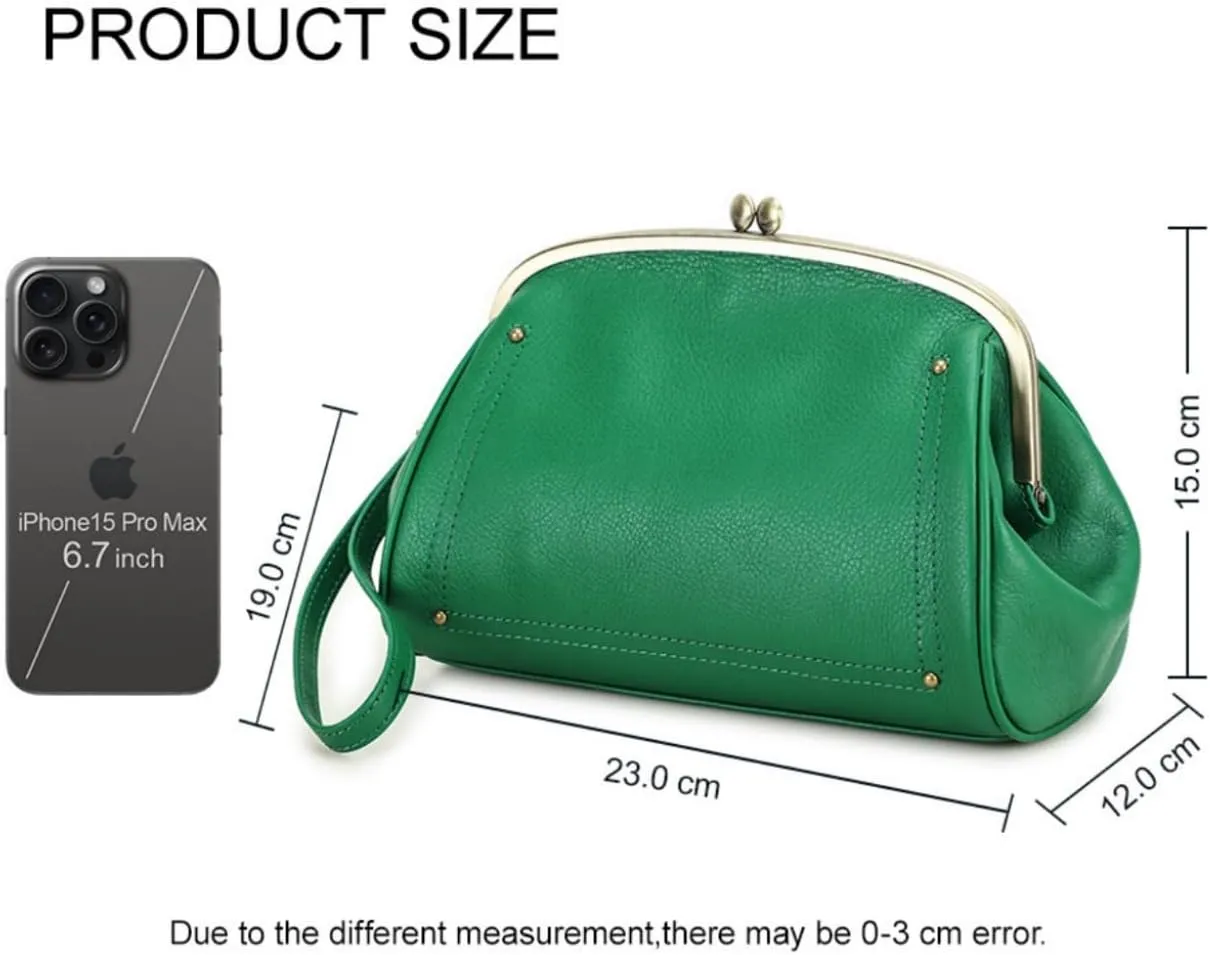 Cosmetic Bag for Woman, Kiss Lock Clutch Bag Genuine Leather Evening Bag Kiss Clasp Wrist Wallet Vitange Handbag (GREEN)