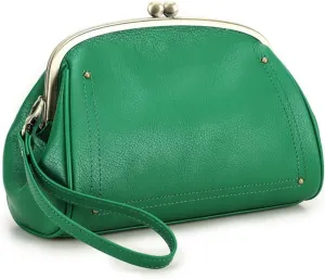 Cosmetic Bag for Woman, Kiss Lock Clutch Bag Genuine Leather Evening Bag Kiss Clasp Wrist Wallet Vitange Handbag (GREEN)