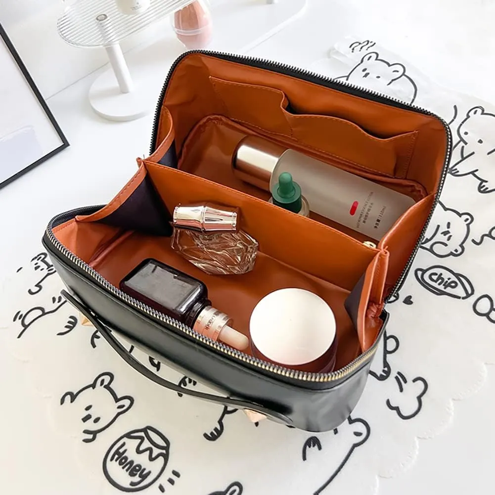 Cosmetic Bags Travel Makeup Bag for Women, Large Wide-open Waterproof Portable PU Leather Makeup Organizer Storage Toiletry Bag