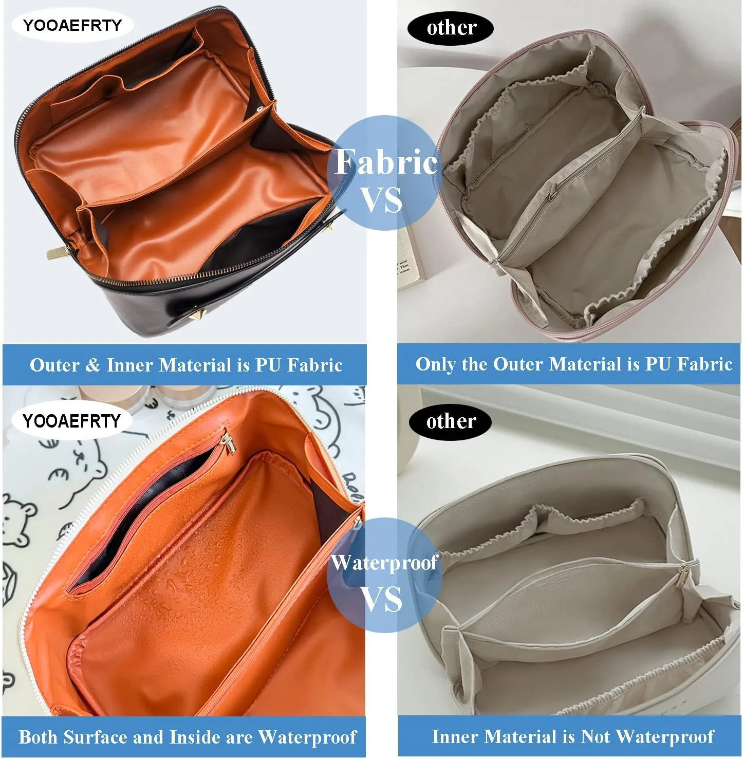 Cosmetic Bags Travel Makeup Bag for Women, Large Wide-open Waterproof Portable PU Leather Makeup Organizer Storage Toiletry Bag