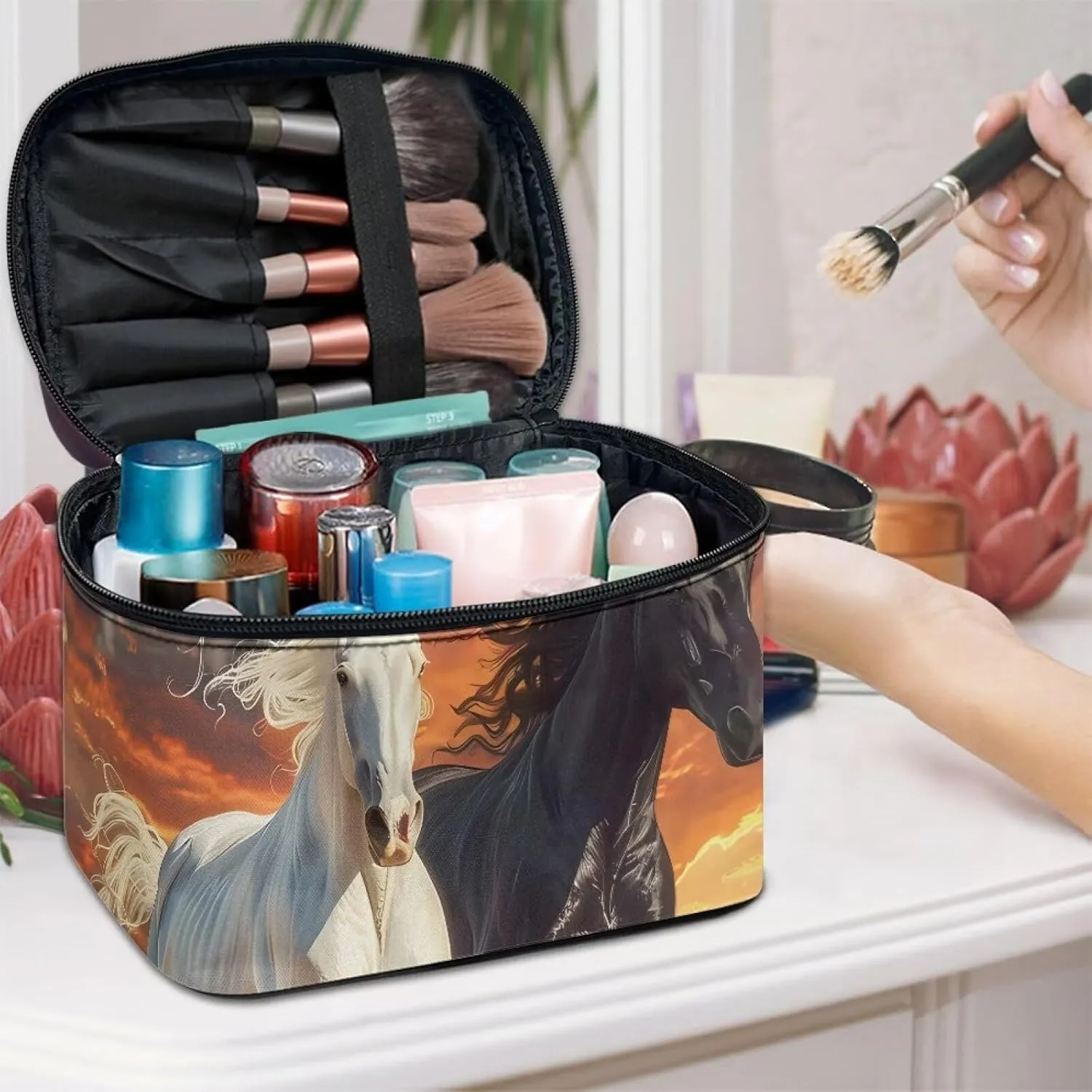 Cosmetic Brush Bags Case for Women Black White Horse Printed Travel Makeup Bags for Storage Brush Tools Concealer Lipsticks Toiletries Accessories