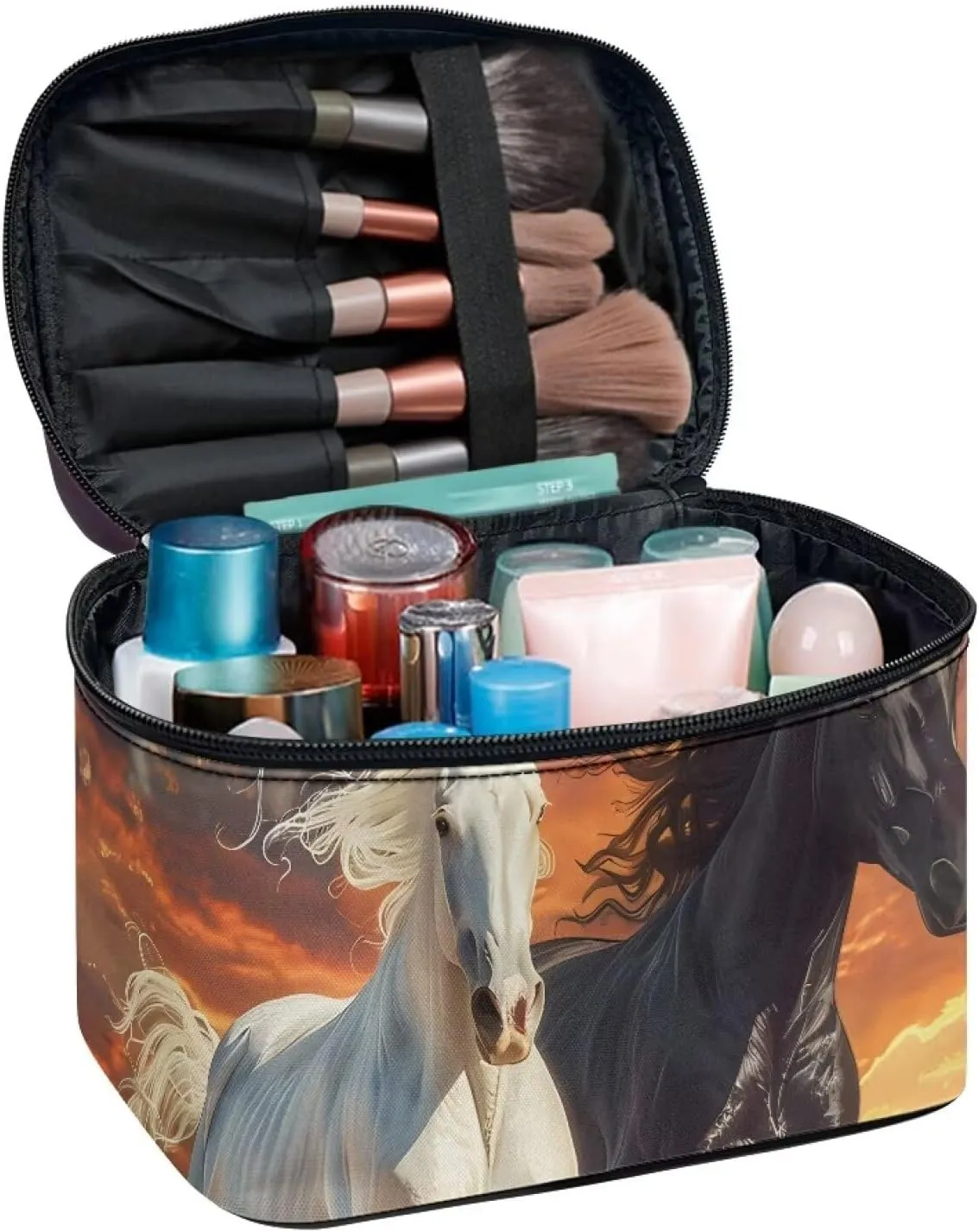 Cosmetic Brush Bags Case for Women Black White Horse Printed Travel Makeup Bags for Storage Brush Tools Concealer Lipsticks Toiletries Accessories