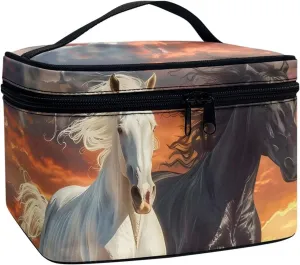 Cosmetic Brush Bags Case for Women Black White Horse Printed Travel Makeup Bags for Storage Brush Tools Concealer Lipsticks Toiletries Accessories