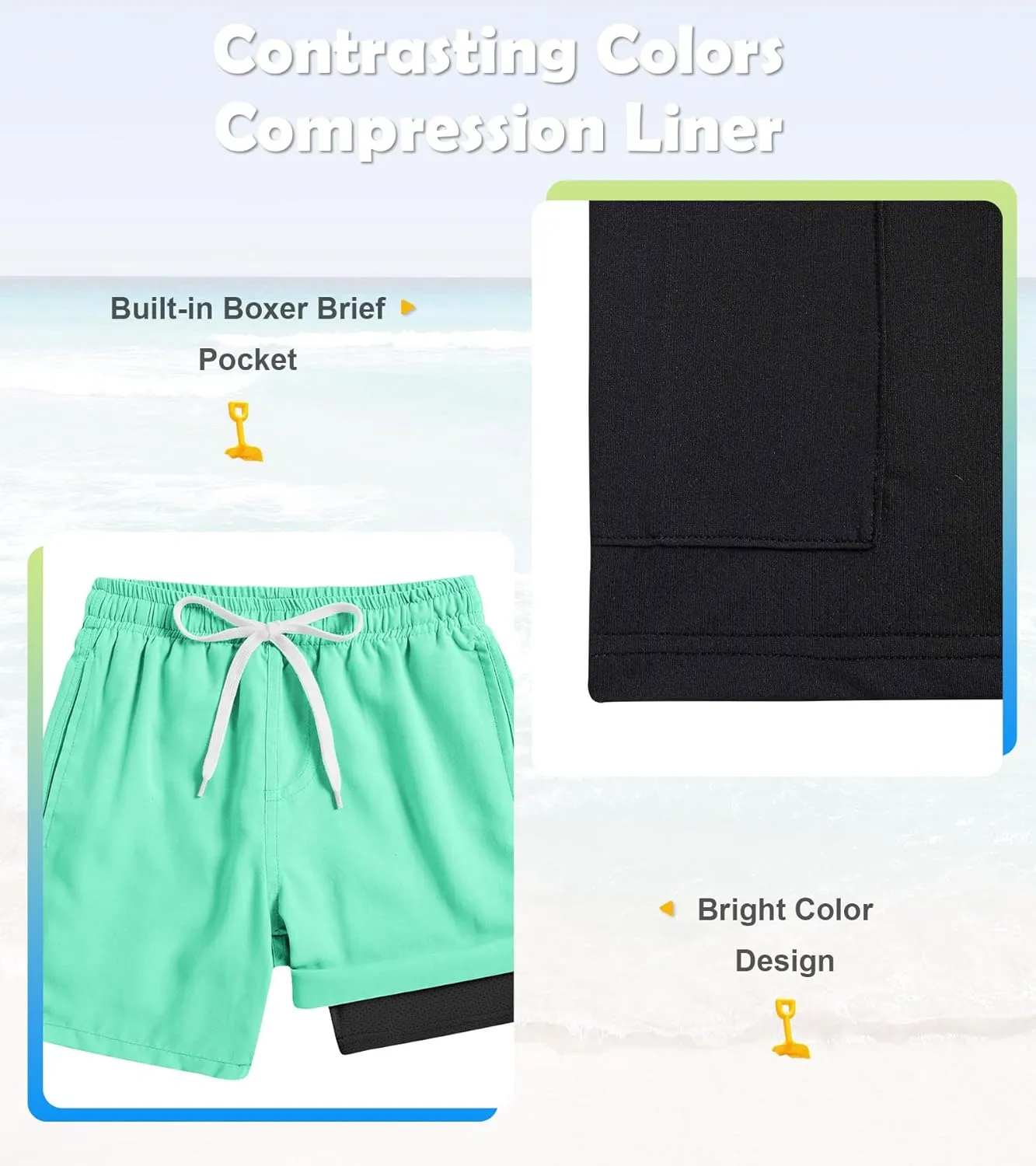 Cozople 7-20T Boys Swim Trunks with Compression Liner Solid Color Bathing Suit Quick Dry Swim Shorts Swimwear