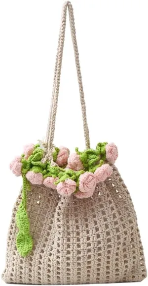 Crochet Flowers Beach Bags, Stylish Mesh Beach Bags Shoulder Bag for Women, Cute Summer Vacation Boho Tote Bag