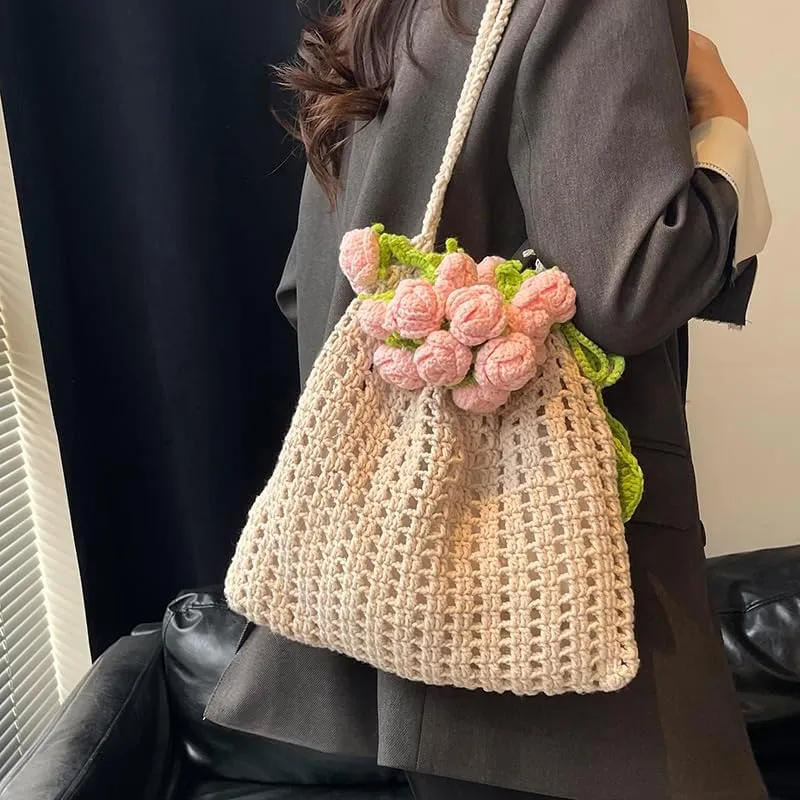 Crochet Flowers Beach Bags, Stylish Mesh Beach Bags Shoulder Bag for Women, Cute Summer Vacation Boho Tote Bag