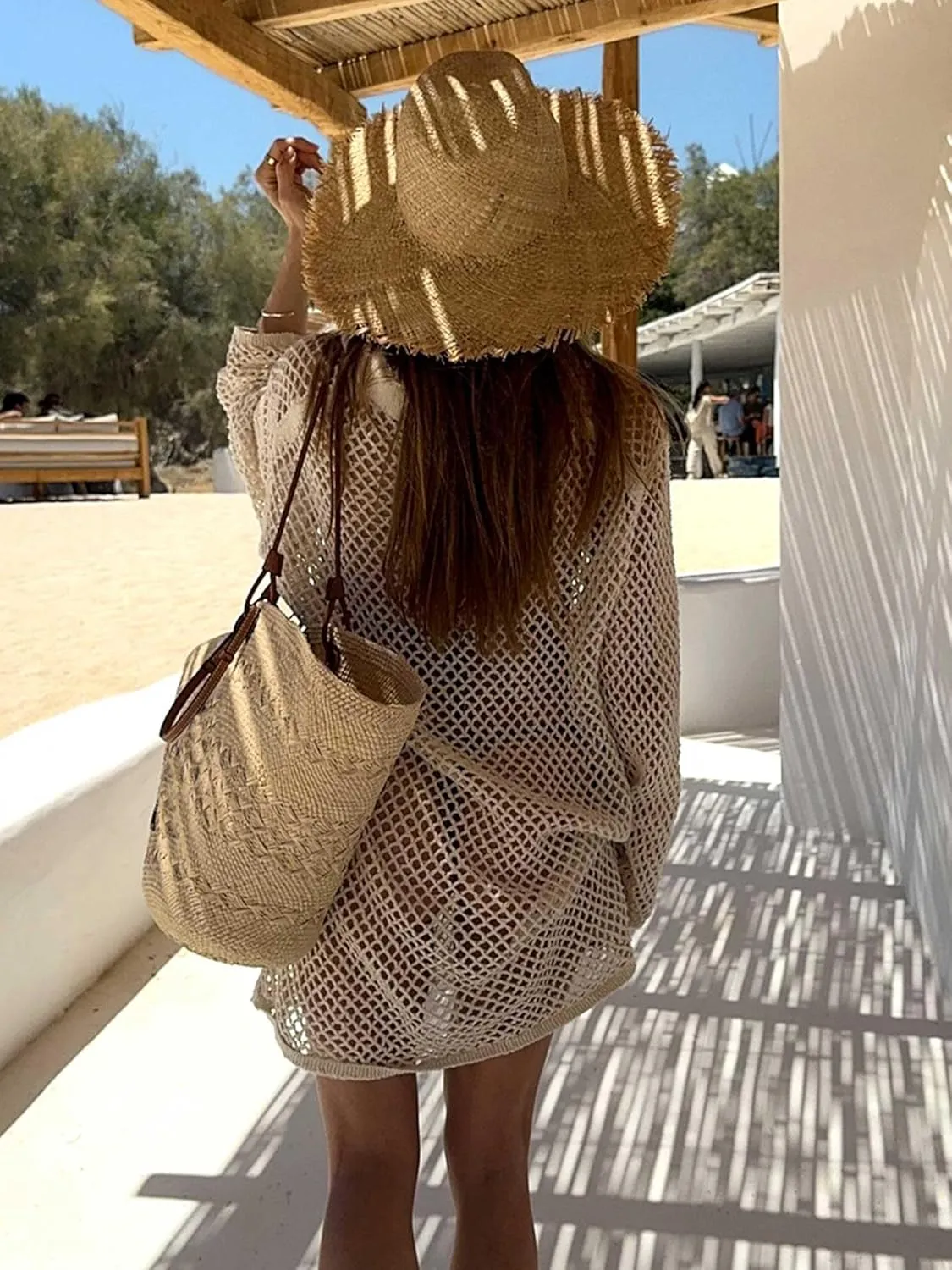 Crochet Swimsuit Coverup for Women Long Sleeve Knitted Bathing Suit Cover up Net Beach Top Hawaiian Vacation Outfits