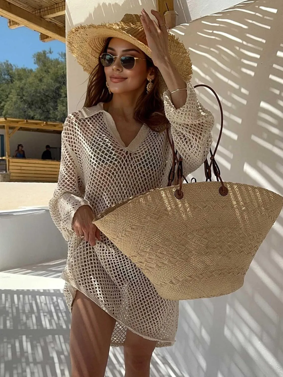 Crochet Swimsuit Coverup for Women Long Sleeve Knitted Bathing Suit Cover up Net Beach Top Hawaiian Vacation Outfits