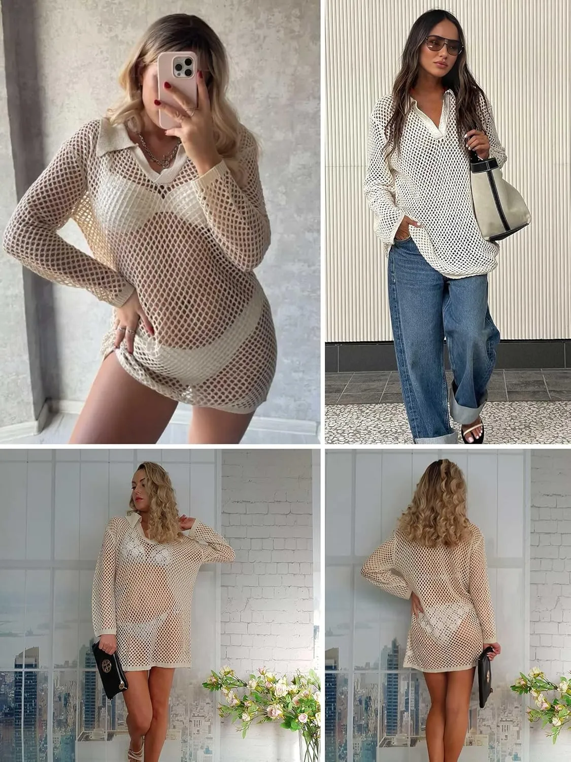 Crochet Swimsuit Coverup for Women Long Sleeve Knitted Bathing Suit Cover up Net Beach Top Hawaiian Vacation Outfits