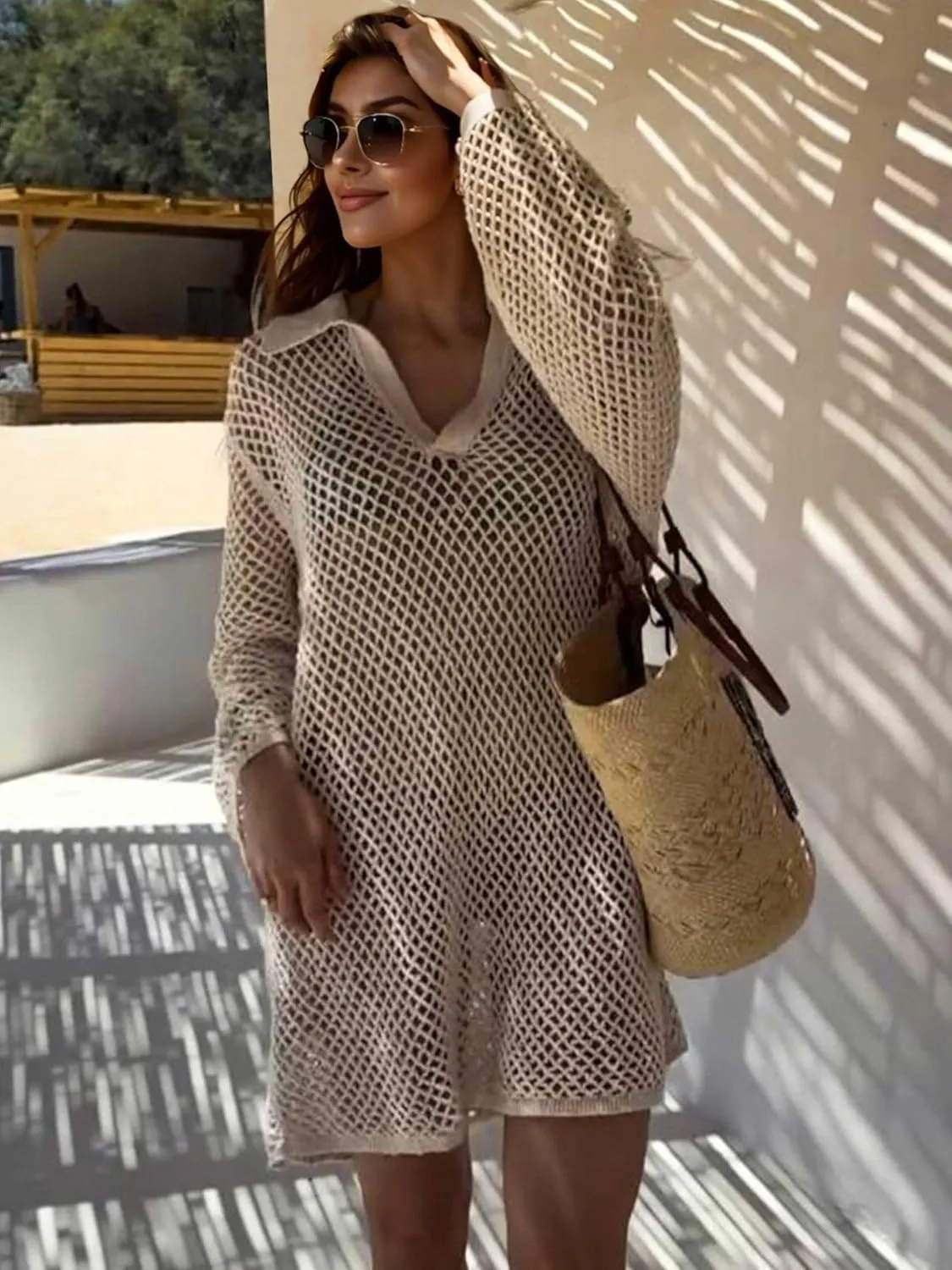 Crochet Swimsuit Coverup for Women Long Sleeve Knitted Bathing Suit Cover up Net Beach Top Hawaiian Vacation Outfits