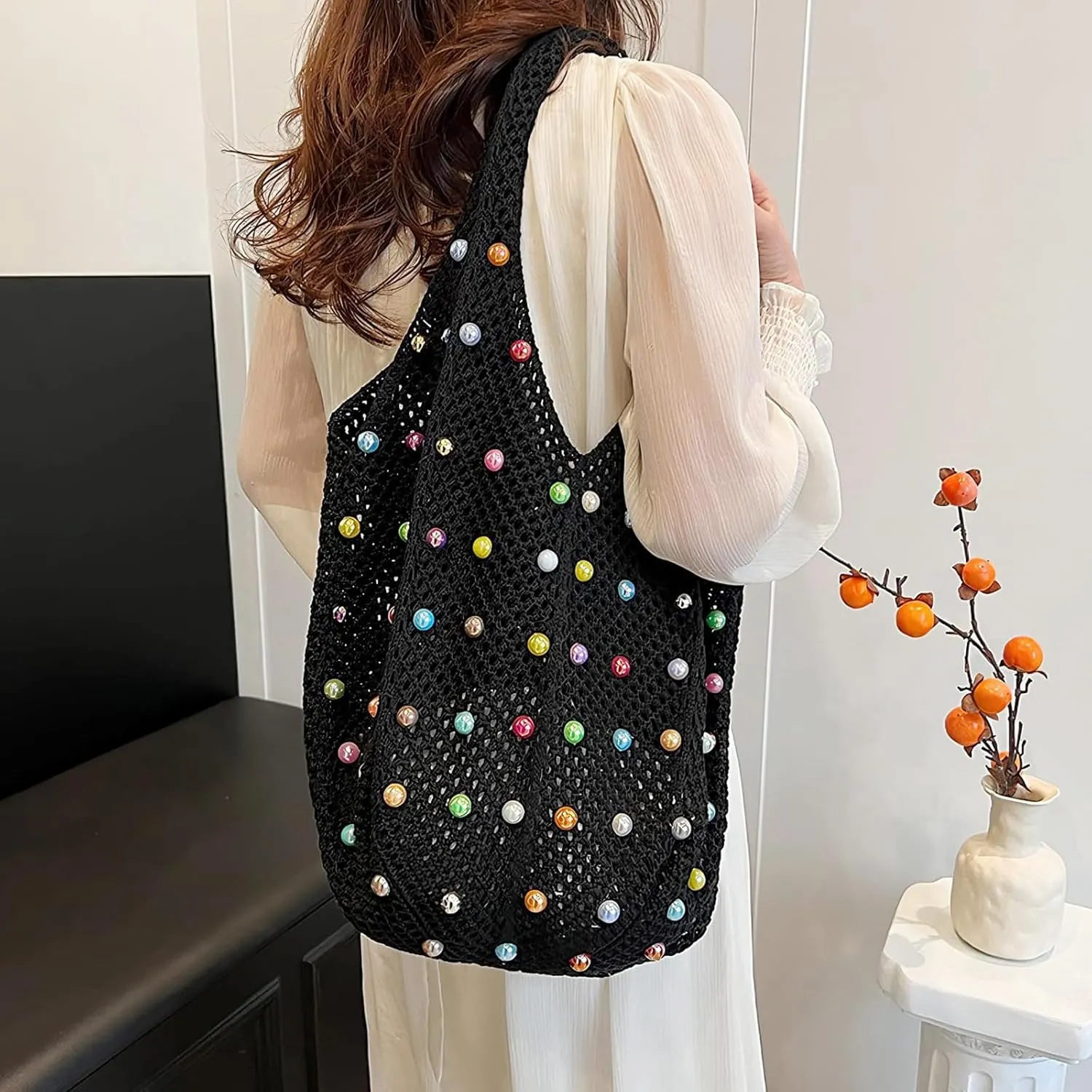 Crochet Tote Bag for Women Mesh Summer Beach Bag Large Knitted Bag Woven Shoulder Handbag Vacation Aesthetic Hobo Bag Travel