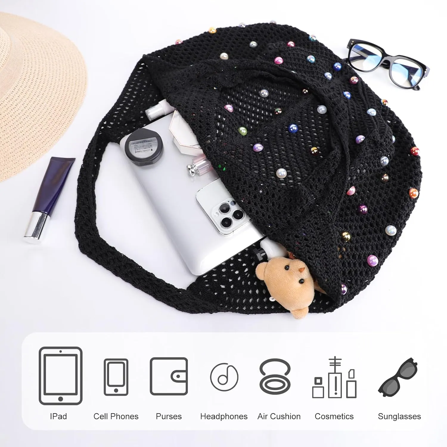 Crochet Tote Bag for Women Mesh Summer Beach Bag Large Knitted Bag Woven Shoulder Handbag Vacation Aesthetic Hobo Bag Travel