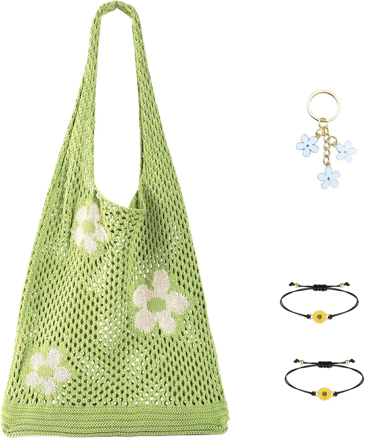 Crochet Tote Bag with Cute KeyChain Sunflower Bracelet - Aesthetic Mesh Beach & Pool Hobo Bag