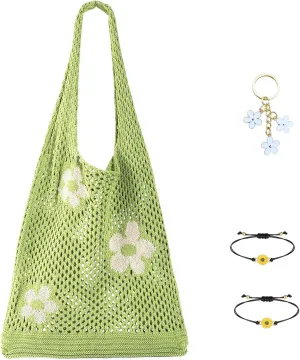 Crochet Tote Bag with Cute KeyChain Sunflower Bracelet - Aesthetic Mesh Beach & Pool Hobo Bag