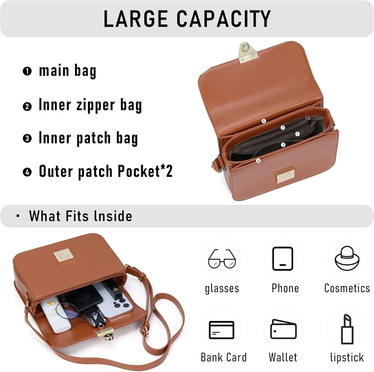 Crossbody Bag Shoulder Satchel Purse for Women, Triple Pocket Bag PU Leather Messenger Bag Flap Evening Bag