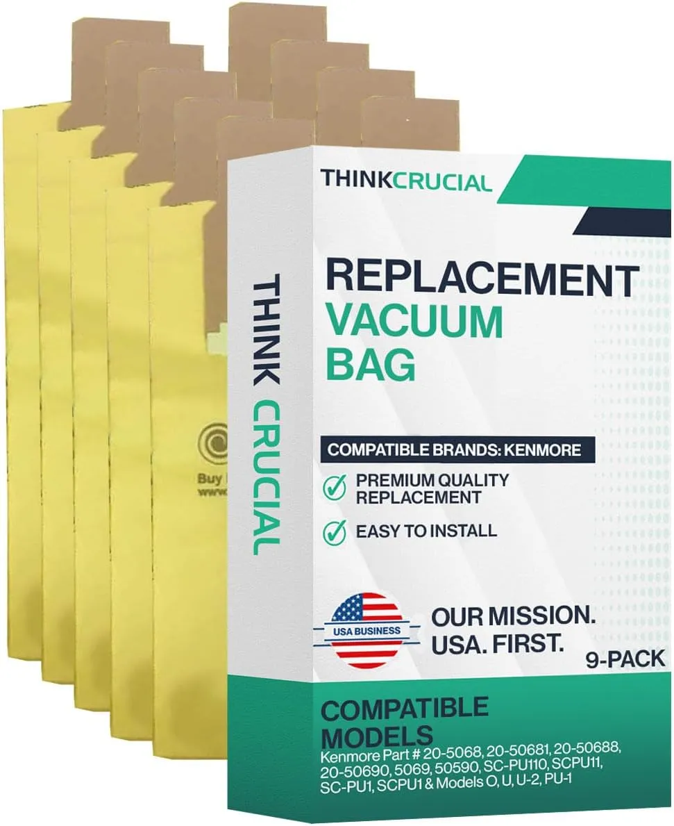 Crucial Vacuum Replacement Vacuum Bags Compatible with Kenmore Part # 20-5068, 20-50681, 20-50688, 20-50690, 5069, 50590, SC-PU110, SCPU11, SC-PU1, SCPU1 & Models O, U, U-2, PU-1 (9 Pack)