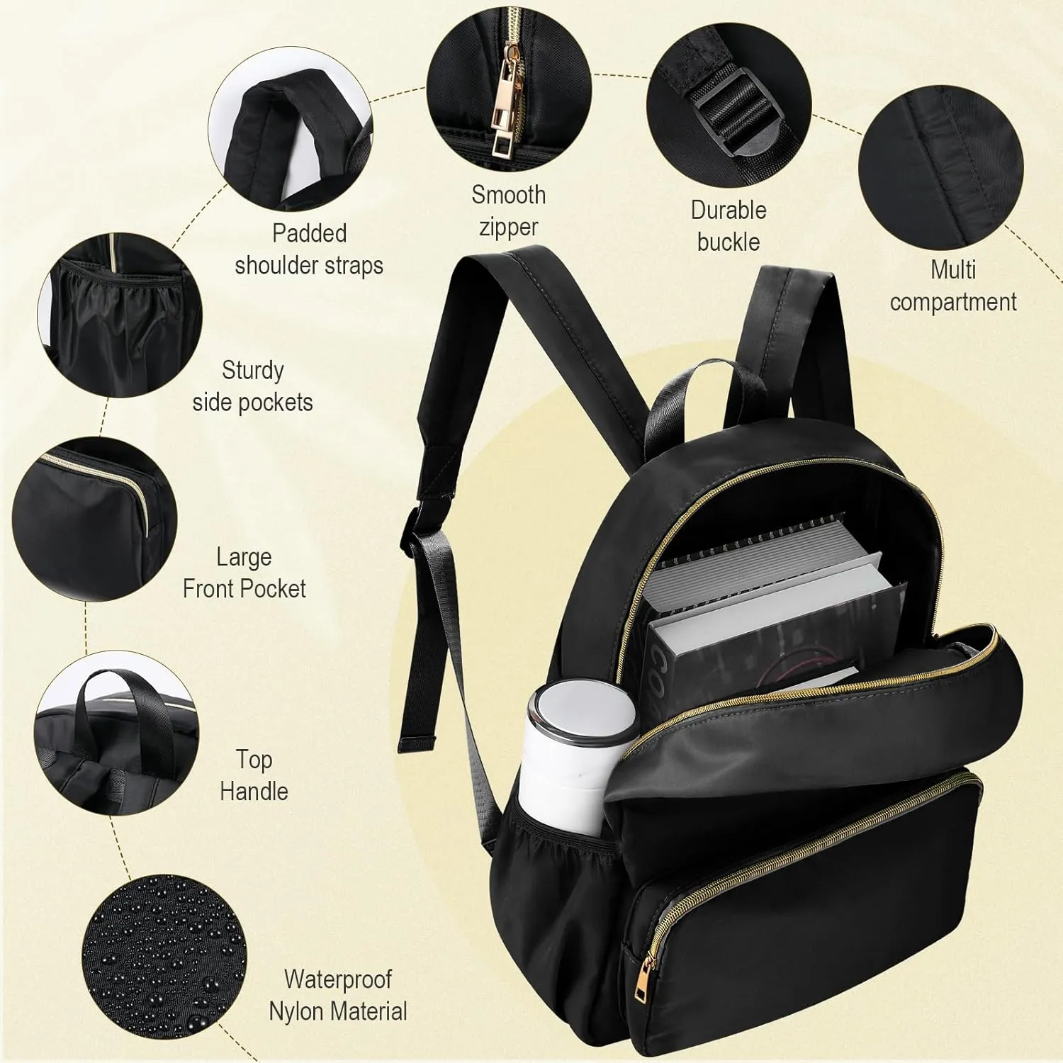 Cunno 1 Piece Nylon Backpack for School Preppy Bookbags Bulk Girls Boys School Bags Toddler Backpack Waterproof Travel Bag (Black)