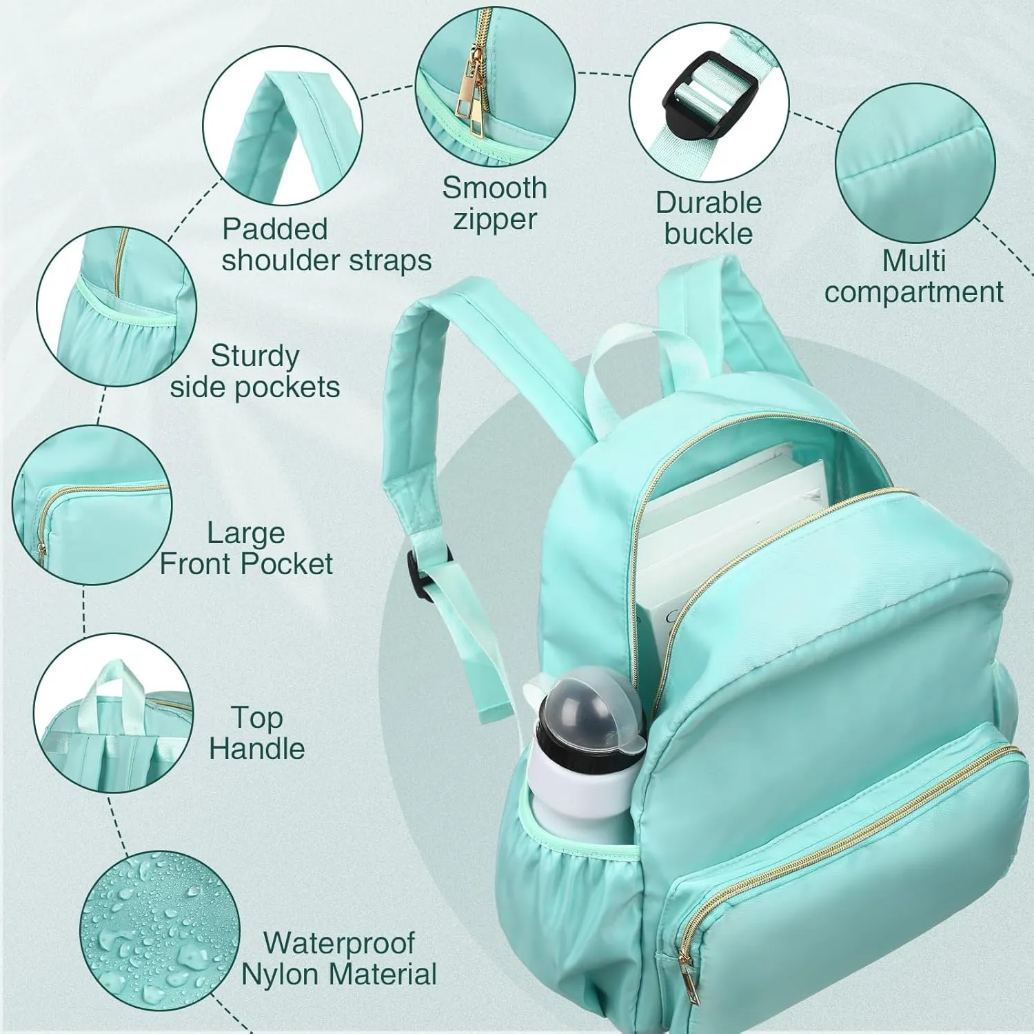 Cunno 1 Piece Nylon Backpack for School Preppy Bookbags Bulk Girls Boys School Bags Toddler Backpack Waterproof Travel Bag (Green)