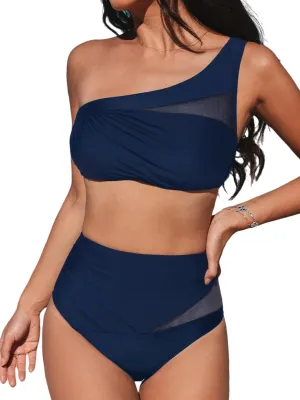 CUPSHE Women's Bikini Sets One Shoulder Two Piece Swimsuit High Waisted Asymmetrical Neck Ruched Cutout Mesh