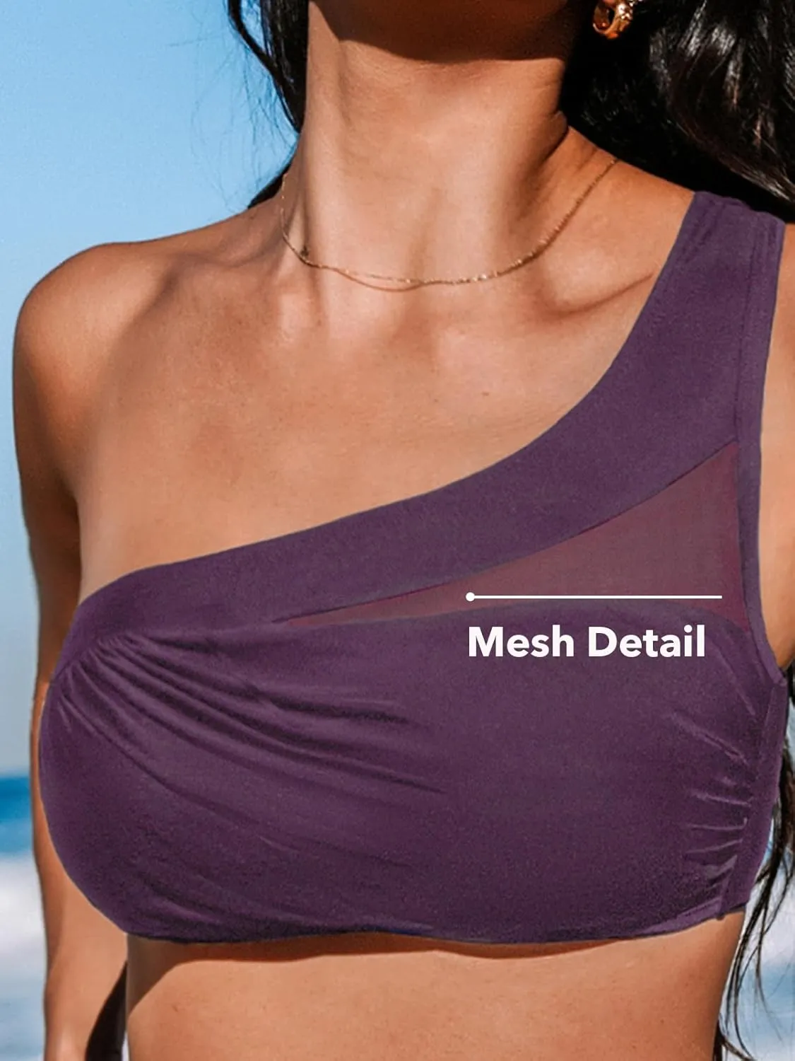 CUPSHE Women's Bikini Sets One Shoulder Two Piece Swimsuit High Waisted Asymmetrical Neck Ruched Cutout Mesh
