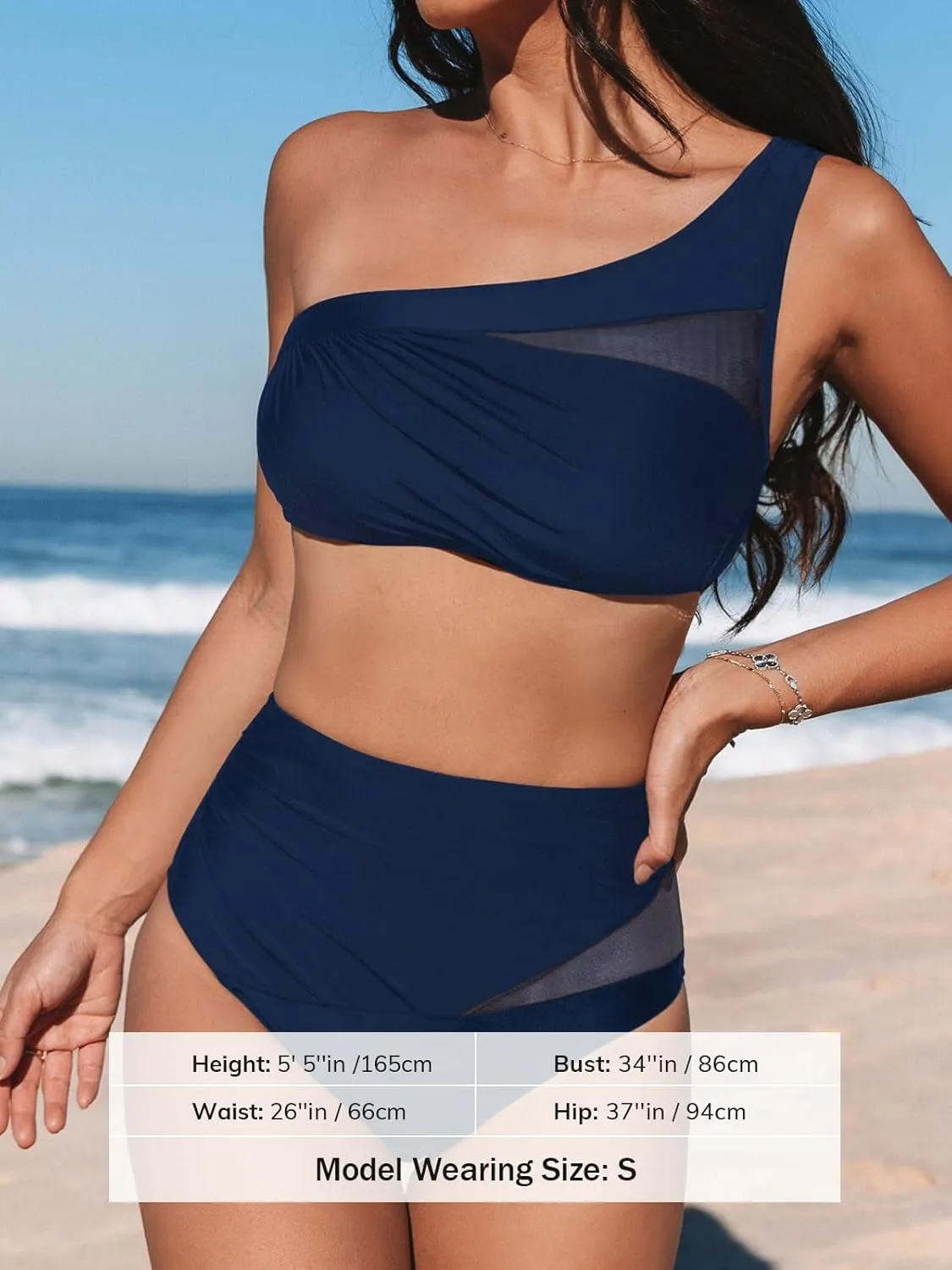 CUPSHE Women's Bikini Sets One Shoulder Two Piece Swimsuit High Waisted Asymmetrical Neck Ruched Cutout Mesh