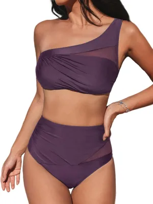 CUPSHE Women's Bikini Sets One Shoulder Two Piece Swimsuit High Waisted Asymmetrical Neck Ruched Cutout Mesh