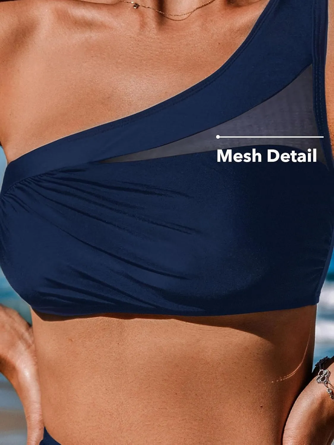CUPSHE Women's Bikini Sets One Shoulder Two Piece Swimsuit High Waisted Asymmetrical Neck Ruched Cutout Mesh