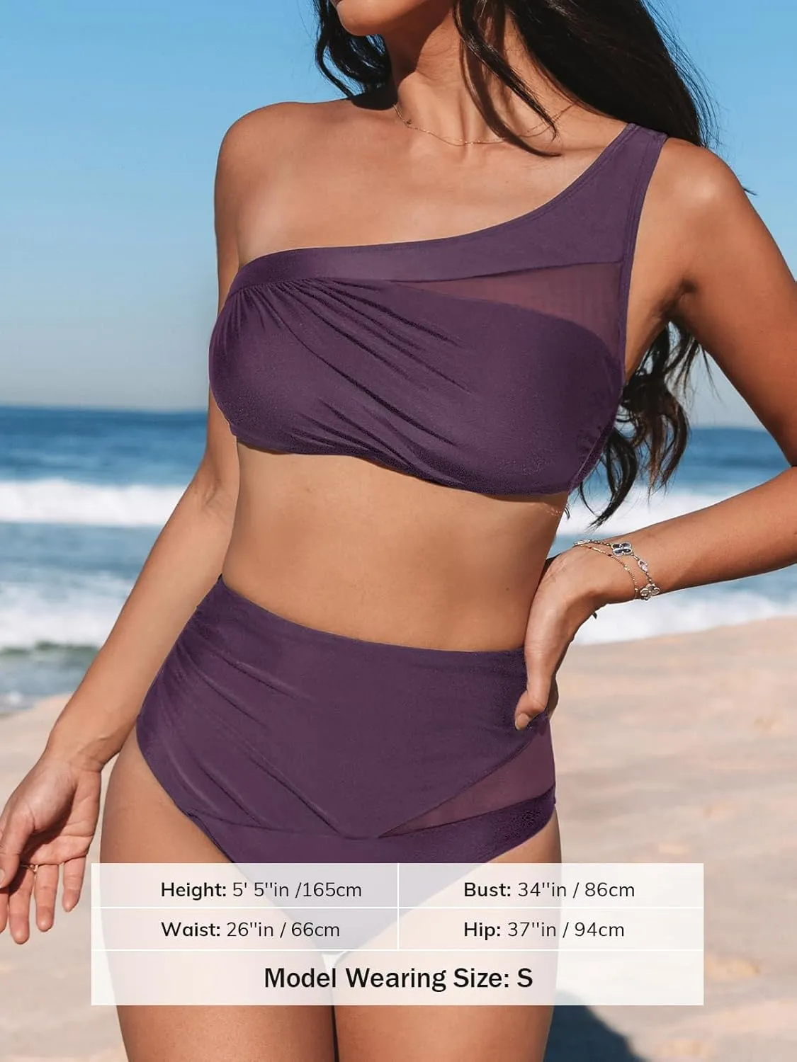 CUPSHE Women's Bikini Sets One Shoulder Two Piece Swimsuit High Waisted Asymmetrical Neck Ruched Cutout Mesh